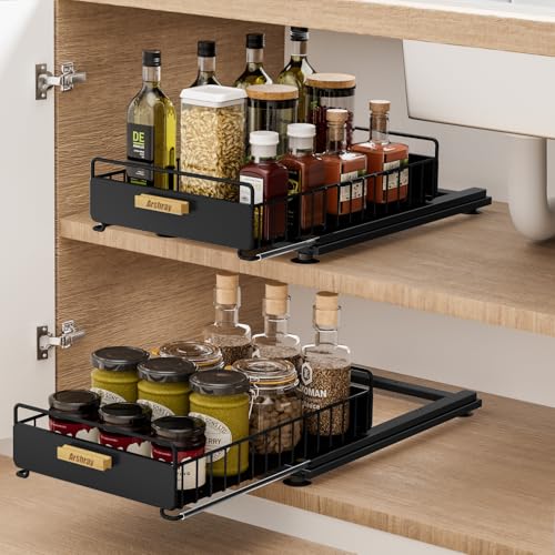 2 Pack Bathroom Organizers and Storage - Under Sink Organizer Kitchen, Vanity Countertop Storage Shelves Pantry Organizers, Pull Out Cabinet Organizer With Track For Bathroom, Kitchen, Pantry, Black