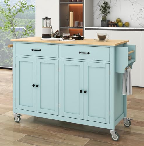 Hennhari Kitchen Island on Wheels with Solid Wood Top, Rolling Kitchen Island Cart, Kitchen Cart with Storage Cabinet, Mobile Island Table with Drawers for Kitchen Dining Room (TYPE2 Mint Green)