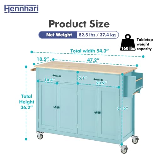 Hennhari Kitchen Island on Wheels with Solid Wood Top, Rolling Kitchen Island Cart, Kitchen Cart with Storage Cabinet, Mobile Island Table with Drawers for Kitchen Dining Room (TYPE2 Mint Green)