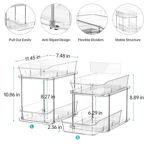 Delamu 2 Sets of 2-Tier Clear Under Sink Organizers and Storage, Multi-Purpose Stackable Bathroom Cabinet organizers, Pull Out Kitchen Pantry Organization and Storage with Dividers