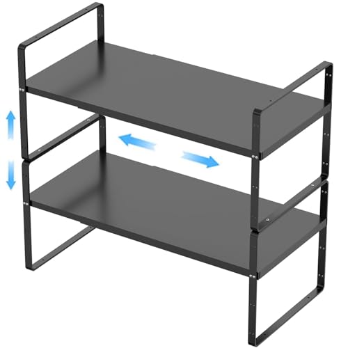 GEDLIRE Expandable Kitchen Cabinet Shelf Organizers 2 Pack, Stackable Metal Pantry Storage Shelves Rack, Adjustable Counter Shelf for Cabinets, Countertop, Cupboard Organizers and Storage, Black