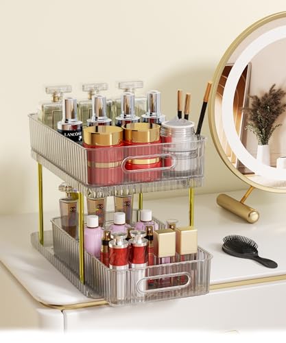 colorsmoon 2-Tier Makeup and Skincare Organizers for Vanity, Large Perfume Organizer, Pull-out Bathroom Organizers and Storage with 4 Removable Dividers for Bath, Bedroom, Cabinet, Clear