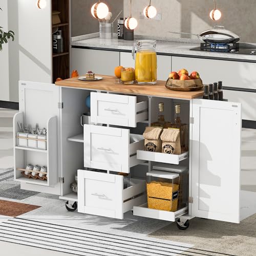 Farmhouse Kitchen Island With Storage Large Kitchen Island With Drop Leaf Rolling Kitchen Island With 3 Drawer 2 Slide-Out Shelf And Internal Storage Rack White Kitchen Island For Restaurants