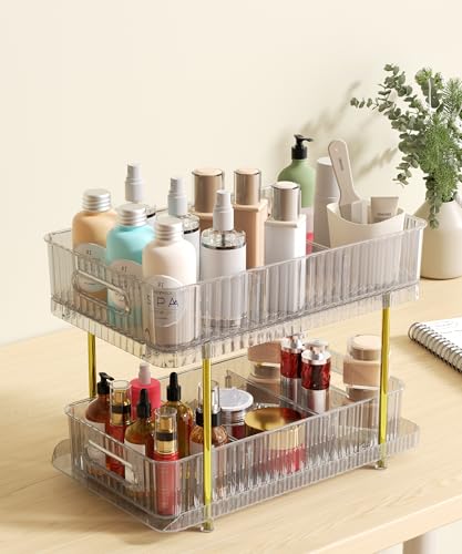 colorsmoon 2-Tier Makeup and Skincare Organizers for Vanity, Large Perfume Organizer, Pull-out Bathroom Organizers and Storage with 4 Removable Dividers for Bath, Bedroom, Cabinet, Clear