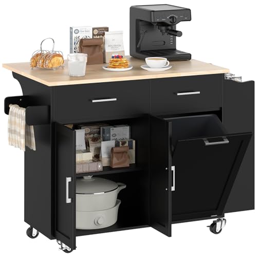 Lafnest Kitchen Island Cart with Trash Storage Cabinet, Rolling Kitchen Island with 2 Drawers, Island Table for Kitchen with Drop Leaf, Mobile Buffet Cabinet for Kitchen, Dining Room, Living Room
