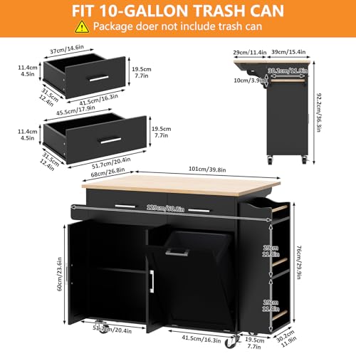Lafnest Kitchen Island Cart with Trash Storage Cabinet, Rolling Kitchen Island with 2 Drawers, Island Table for Kitchen with Drop Leaf, Mobile Buffet Cabinet for Kitchen, Dining Room, Living Room