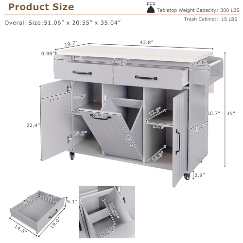 Kitchen Island Cart,Kitchen Island with Trash Can Storage Cabinet, Kitchen Cart with Drop Leaf, Spice Rack, Towel Rack and Drawer, Rolling Kitchen Island on Wheels with Adjustable Shelf (Grey)