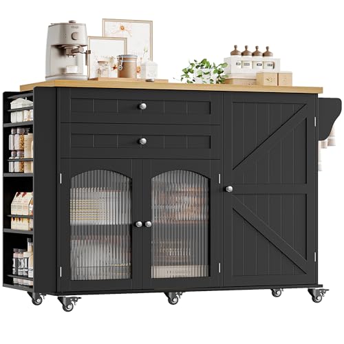 FINETONES Kitchen Island with Storage, Rolling Kitchen Island on Wheels with Wood Drop Leaf Countertop, Island Table Bar Cart with Spice Towel Rack Portable Kitchen Table Kitchen Carts on Wheels