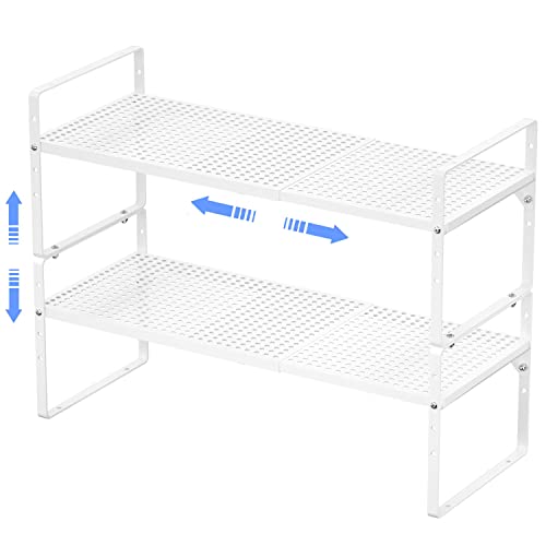 ARCCI Expandable Kitchen Cabinet Shelf Organizers 2 Pack, Stackable Metal Pantry Storage Shelves Rack, Adjustable Counter Shelf for Cabinets, Countertop, Cupboard Organizers and Storage, White