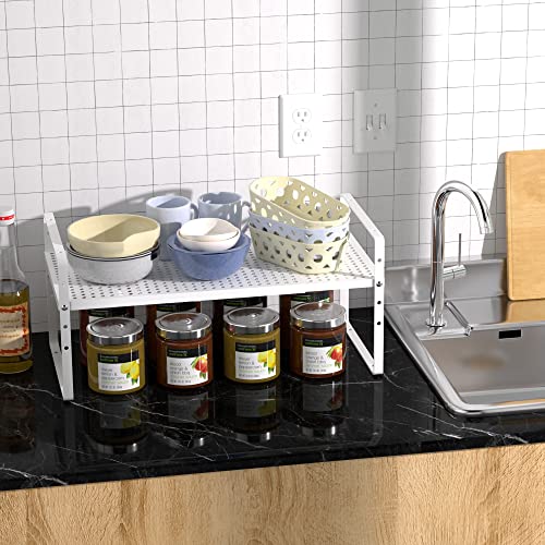ARCCI Expandable Kitchen Cabinet Shelf Organizers 2 Pack, Stackable Metal Pantry Storage Shelves Rack, Adjustable Counter Shelf for Cabinets, Countertop, Cupboard Organizers and Storage, White
