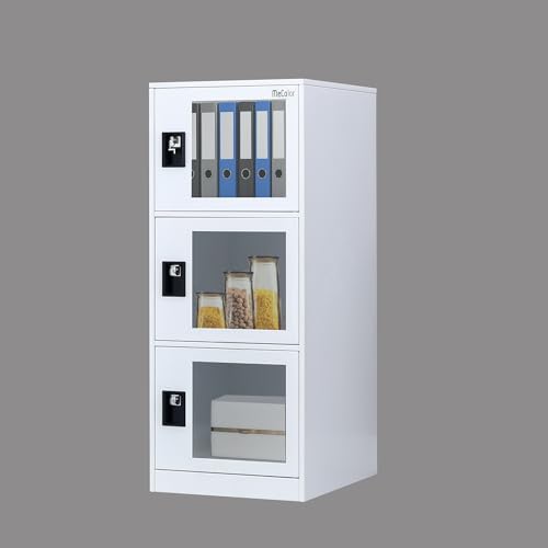 Small Vertical Cabinet Steel Locker, Lockable Metal Storage Cabinet with Organizers and Clear Door, Filing Cabinet Office Storage,Factory (G3V, White)
