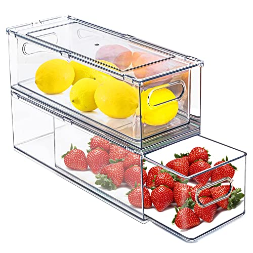 2 Pack Fridge Organizers and Storage with Pull out Drawer, Stackable Storage Drawer, Clear Refrigerator Organizers, BPA-Free for Kitchen Cabinet Pantry