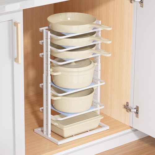 LAMU Pots and Pans Organizer for under Cabinet,6-Tier Heavy Duty Adjustable Pan Pot Organizers inside Cabinet, Pot Rack for Kitchen Cabinet Organization and Storage White