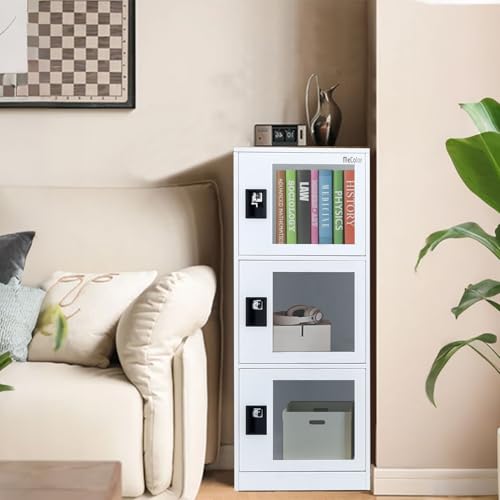 Small Vertical Cabinet Steel Locker, Lockable Metal Storage Cabinet with Organizers and Clear Door, Filing Cabinet Office Storage,Factory (G3V, White)