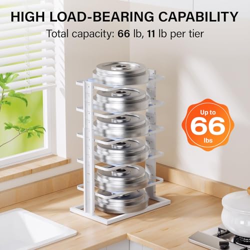 LAMU Pots and Pans Organizer for under Cabinet,6-Tier Heavy Duty Adjustable Pan Pot Organizers inside Cabinet, Pot Rack for Kitchen Cabinet Organization and Storage White