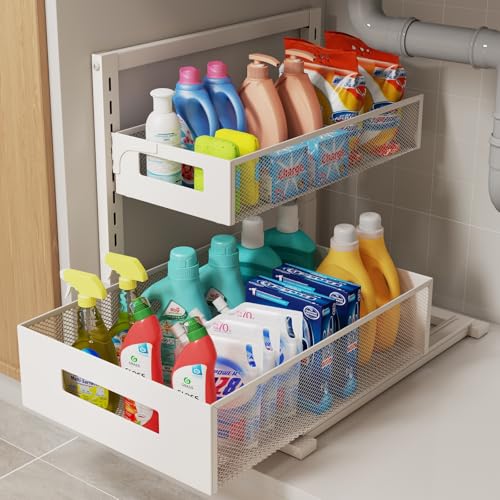 Under Sink Organizer Adjustable Height 2 Tier Bathroom Organizer Pull Out Cabinet Organer kitchen organizers and storage fridge organizers and storage,White,XL