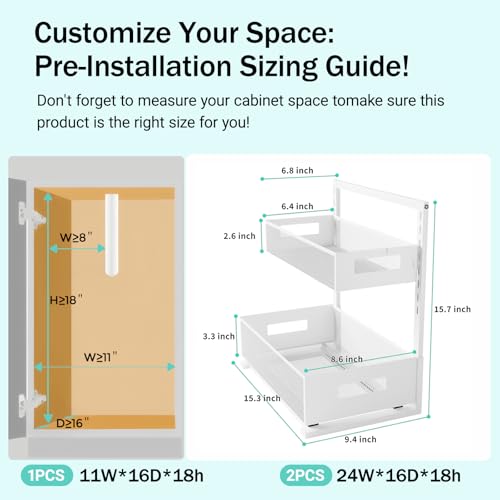 Under Sink Organizer Adjustable Height 2 Tier Bathroom Organizer Pull Out Cabinet Organer kitchen organizers and storage fridge organizers and storage,White,XL