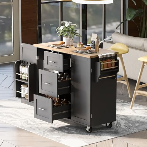 MCWHLXBZH Farmhouse Kitchen Island with Storage Large Kitchen Island with Drop Leaf Black Portable Kitchen Island On Wheels with Drawer and Spice Rack and Internal Storage Rack Rolling Kitchen Island
