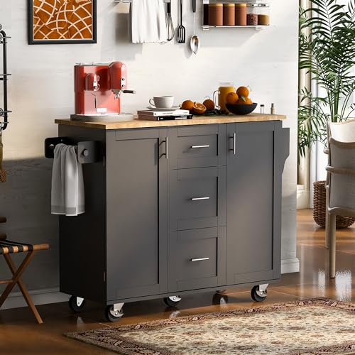 MCWHLXBZH Farmhouse Kitchen Island with Storage Large Kitchen Island with Drop Leaf Black Portable Kitchen Island On Wheels with Drawer and Spice Rack and Internal Storage Rack Rolling Kitchen Island
