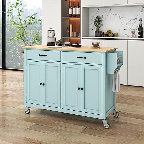 Kitchen Island with Storage, Moveable Kitchen Island Cart on Wheels, Rolling Kitchen Island with Wood Top, Storage Cabinet, Drawer, Spice Rack, Towel Rack, Dining Cart Table for Kitchen, Mint Green