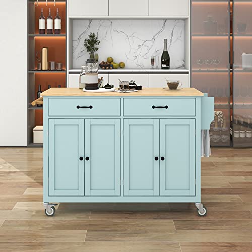Kitchen Island with Storage, Moveable Kitchen Island Cart on Wheels, Rolling Kitchen Island with Wood Top, Storage Cabinet, Drawer, Spice Rack, Towel Rack, Dining Cart Table for Kitchen, Mint Green