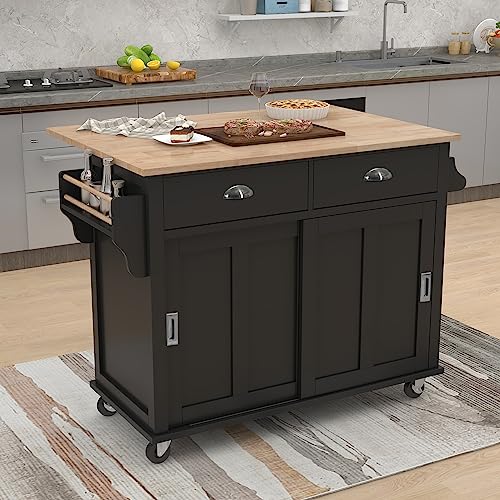 Kitchen Island with Storage, Mobile Kitchen Island Cart on Wheels, Moveable Drop Leaf Kitchen Island, Black Kitchen Rolling Cart with Storage Cabinet
