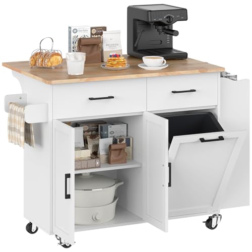 Lafnest Kitchen Island on Wheels with Drop Leaf, Rolling Kitchen Island with Spice Rack & Towel Rack, Kitchen Island Cart with Trash Storage Cabinet, Mobile Island Bar Table for Kitchen, White