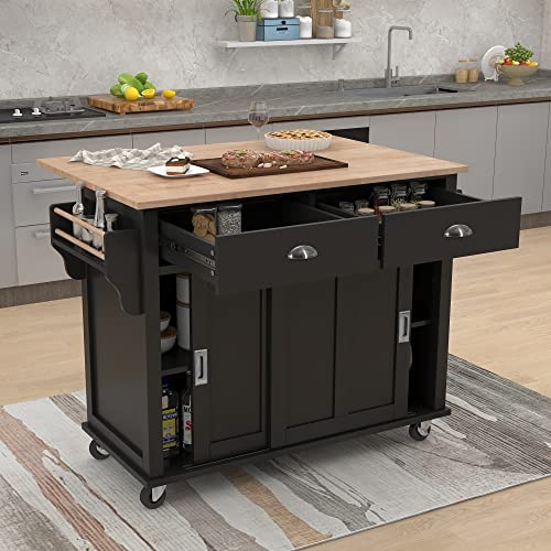 Kitchen Island with Storage, Mobile Kitchen Island Cart on Wheels, Moveable Drop Leaf Kitchen Island, Black Kitchen Rolling Cart with Storage Cabinet