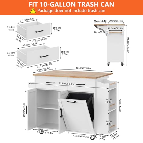 Lafnest Kitchen Island on Wheels with Drop Leaf, Rolling Kitchen Island with Spice Rack & Towel Rack, Kitchen Island Cart with Trash Storage Cabinet, Mobile Island Bar Table for Kitchen, White