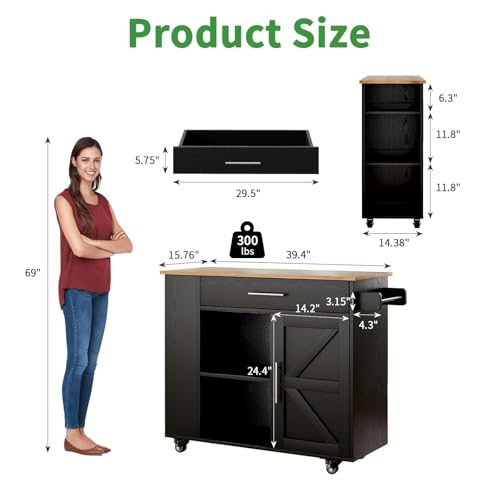 4 EVER WINNER Kitchen Island Cart with Storage, Kitchen Island with Spice Rack & Towel Rack & Open Shelves, Rolling Kitchen Cart with Storage Cabinet and Drawer, Island Table for Kitchen,Black