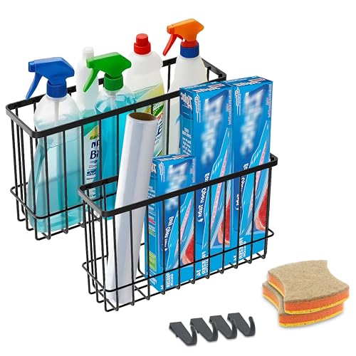 Cabinet Door Organizer Basket 2 Pack, Foil and Plastic Wrap Organizer with 2 Sponges, Lid Organizers Inside Cabinet, Metal Basket for Kitchen Organizers and Storage, Utility, Black (Medium,Large)