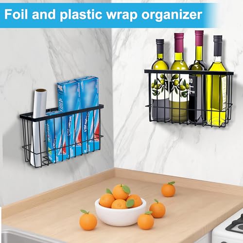 Cabinet Door Organizer Basket 2 Pack, Foil and Plastic Wrap Organizer with 2 Sponges, Lid Organizers Inside Cabinet, Metal Basket for Kitchen Organizers and Storage, Utility, Black (Medium,Large)
