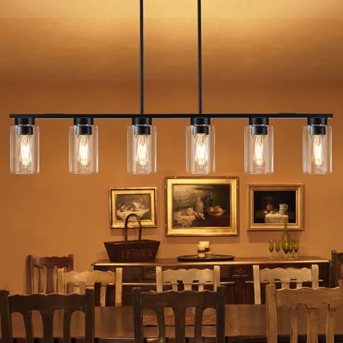 Dining Room Light Fixture Kitchen Island Lights 6-Light Island Lights for Kitchen Farmhouse Chandelier Linear Black Pendant Lights Kitchen Island