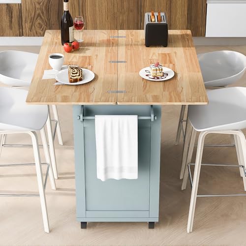 Rolling Kitchen Island with 2 Sided Drop Leaf, Island Table on Wheels for Kitchen, Island Cart with Storage Cabinet and Drawers (Greyblue)