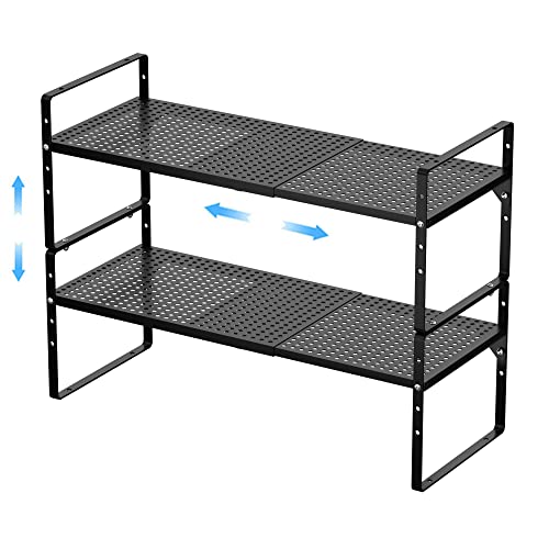 GEDLIRE Expandable Kitchen Cabinet Shelf Organizers 2 Pack, Stackable Metal Pantry Storage Shelves Rack, Adjustable Counter Shelf for Cabinets, Countertop, Cupboard Organizers and Storage, Black