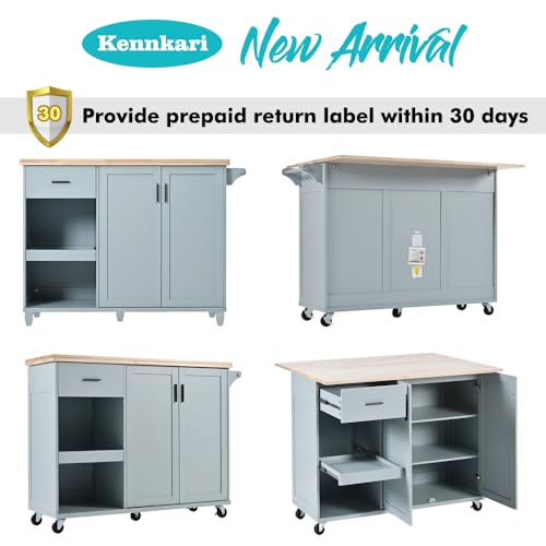 Rolling Kitchen Island with 2 Sided Drop Leaf, Island Table on Wheels for Kitchen, Island Cart with Storage Cabinet and Drawers (Greyblue)