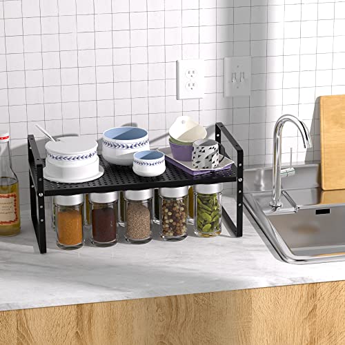 GEDLIRE Expandable Kitchen Cabinet Shelf Organizers 2 Pack, Stackable Metal Pantry Storage Shelves Rack, Adjustable Counter Shelf for Cabinets, Countertop, Cupboard Organizers and Storage, Black