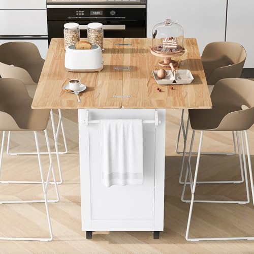 Rolling Kitchen Island with 2 Sided Drop Leaf, Island Table on Wheels for Kitchen, Island Cart with Storage Cabinet and Drawers (White)