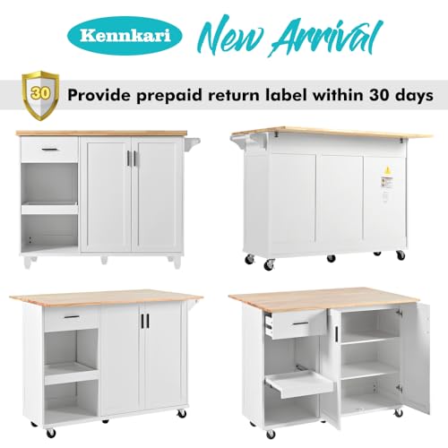 Rolling Kitchen Island with 2 Sided Drop Leaf, Island Table on Wheels for Kitchen, Island Cart with Storage Cabinet and Drawers (White)