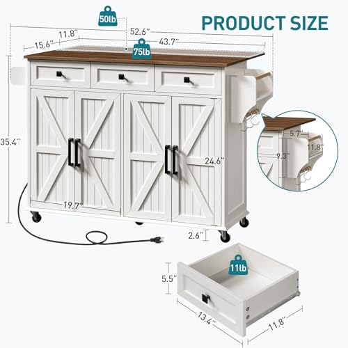 RALGEND Kitchen Island with Drop Leaf & Power Outlet, Rolling Kitchen Island Cart On Wheels, Barn Door Kitchen Island Table with Storage and Tower Rack, Island Table for Kitchen, White and Walnut