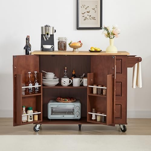 Kitchen Island with Storage, Rolling Kitchen Island Cart on 5 Wheels with Drop Leaf Countertop, Barn Door Kitchen Island Table with Storage Cabinet and Tower Rack, Portable Island for Kitchen, Brown