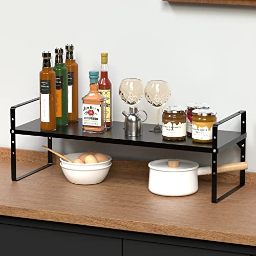 ARCCI Expandable Cabinet Shelf Organizers, Stackable Metal Pantry Storage Shelves Rack, Adjustable Kitchen Counter Shelf for Cabinets, Countertop, Cupboard Organizers and Storage, Black