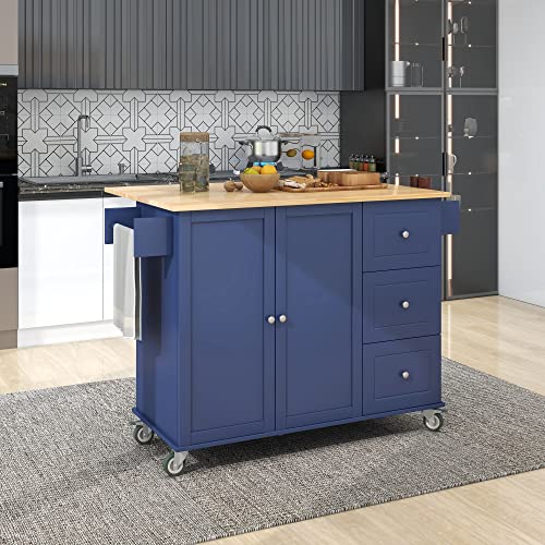 Tomkate 52.7 Inch Rolling Mobile Kitchen Island with Drop Leaf, Kitchen Island Cart on Wheels with 3 Drawers and Storage Cabinet, Island Table for Kitchen (Dark Blue)