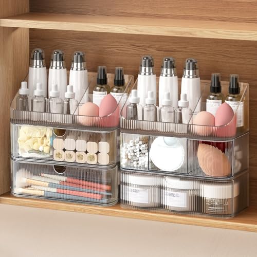 Medicine Cabinet Organizer 6 Tier, Stackable Bathroom Mirror Cabinet Organizers with Removable Dividers,Makeup Storage with 4 Drawer and 2 Tray for Wall Cabinet, Vanity, Closet,Countertop