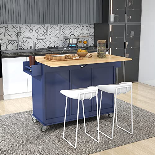 Tomkate 52.7 Inch Rolling Mobile Kitchen Island with Drop Leaf, Kitchen Island Cart on Wheels with 3 Drawers and Storage Cabinet, Island Table for Kitchen (Dark Blue)