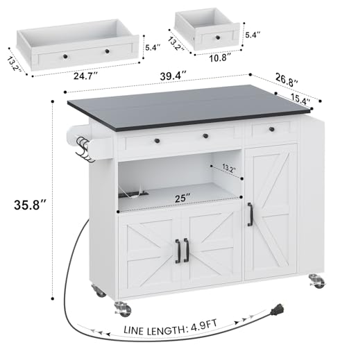 Kitchen Island with Drop Leaf, Rolling kitchen island with power outlet and Led Light, Kitchen Island with Storage Cabinet, Spice Rack, Drawer, Towel Rack, kitchen island on wheels for Dinning Room