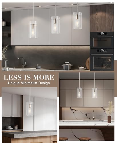 FONTA VERDE 3 Pack Pendant Lights Kitchen Island, Adjustable Hanging Thick Glass Pendant Light Fixtures, Brushed Nickel Pendant Lights Kitchen Island, Modern Kitchen Pendant Lighting Over Island