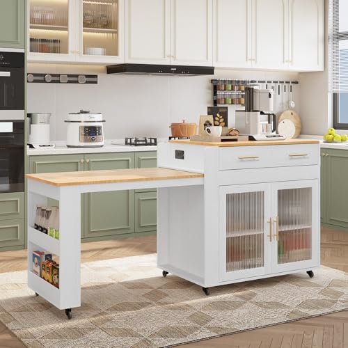 HLR Kitchen Island with Extendable Dining Table, Marble Grain Top Kitchen Island with Power Outlet, Rolling Kitchen Island Cart on Wheels with Storage Cabinet and 2 Drawers, Island Table for Kitchen