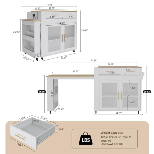 HLR Kitchen Island with Extendable Dining Table, Marble Grain Top Kitchen Island with Power Outlet, Rolling Kitchen Island Cart on Wheels with Storage Cabinet and 2 Drawers, Island Table for Kitchen