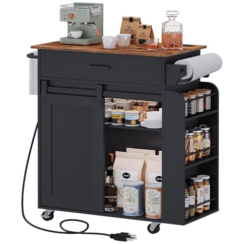 YATINEY Kitchen Island with Storage, Kitchen Storage Cabinets with Charging Station, Kitchen Island on Wheels, Rolling Island Table with Sliding Cabinet Door